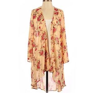 Boho Feminine Floral Spring Summer Bell Sleeve Longline Kimono Cardigan Topper